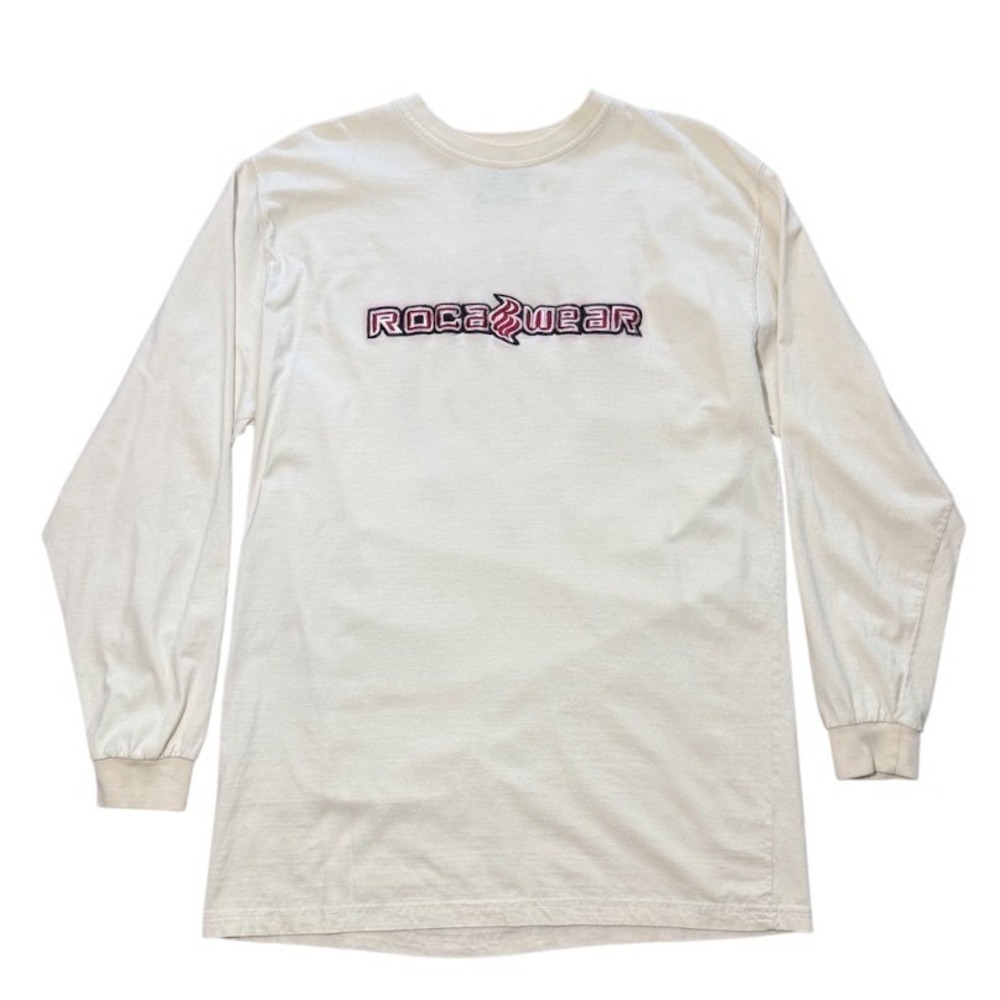 Vintage 90s Y2K Rocawear Cream Embroidery Logo Hip Hop Graphic Long Sleeve Shirt